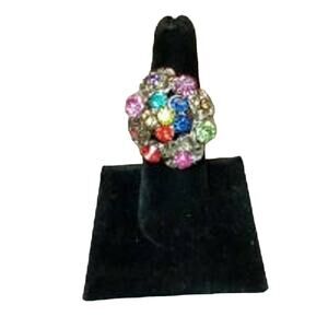 Adjustable Statement Flower Ring Jewel Tone Rhinestones Silver Tone